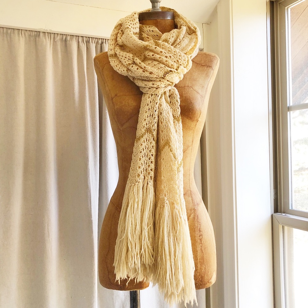 Vintage 70s Cream + Gold Crochet Blanket Scarf + Long Fringe Trim